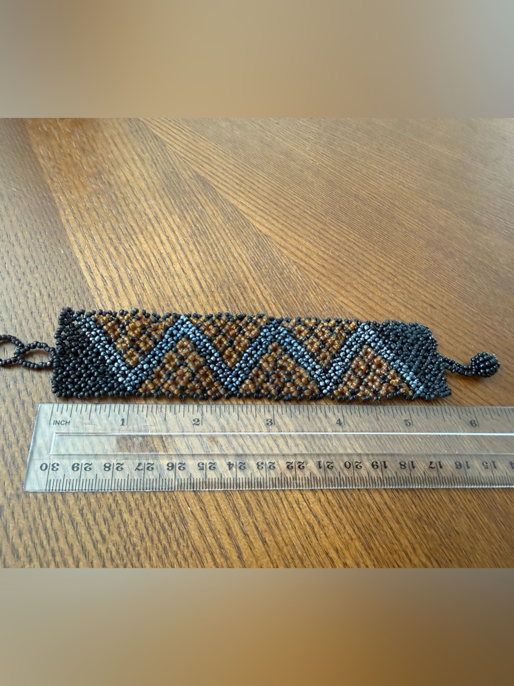 Hand Beaded Seed Bead Wide Cuff Bracelet Black Amber Gunmetal